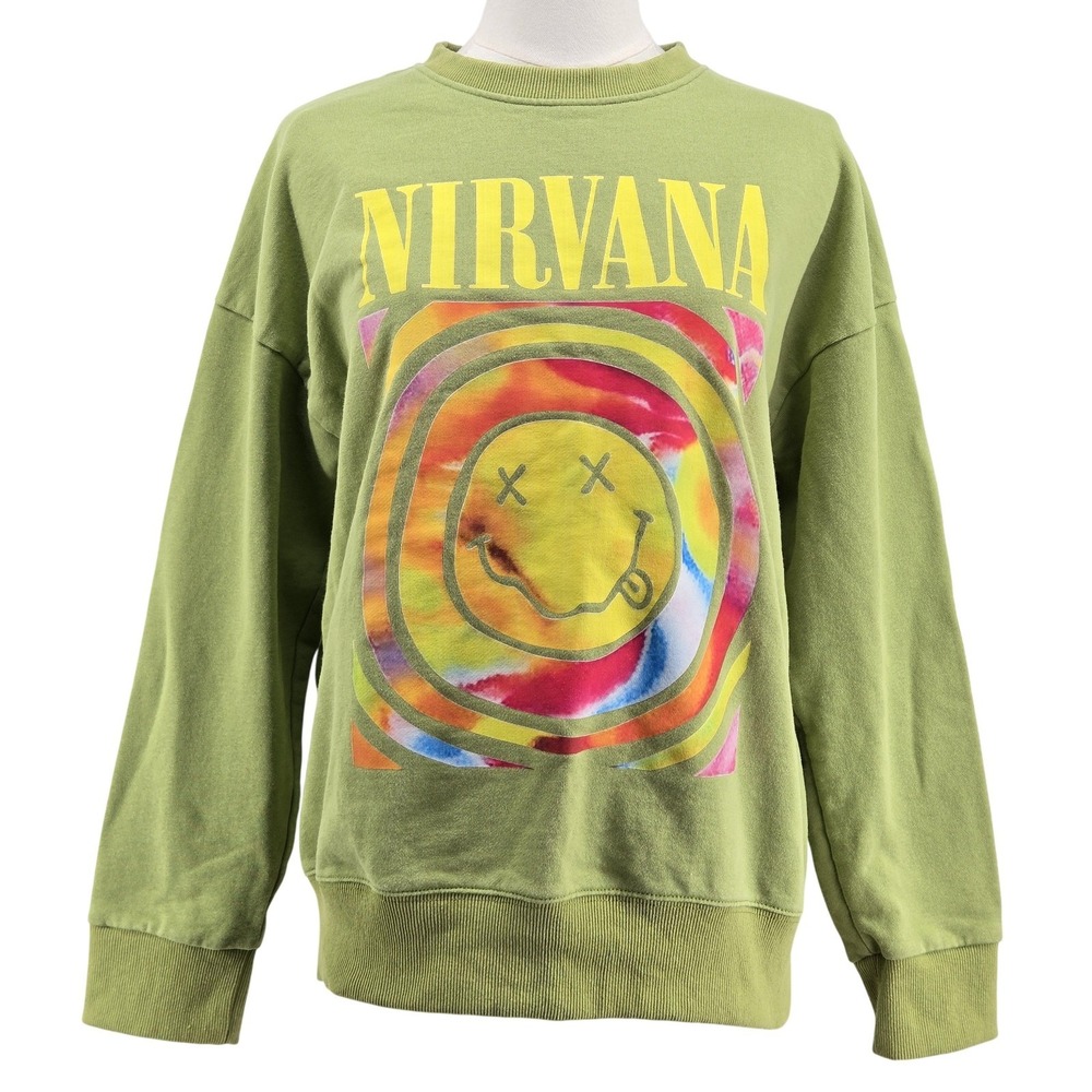 Nirvana Sweatshirt Mens M Green Pullover Fleece‎ Graphic 90s Grunge Logo